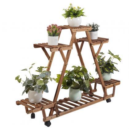 Wooden Tiered Plant Stand With Wheeled Base