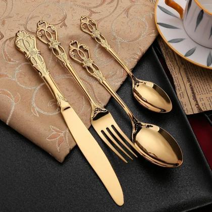 24-piece Elegant Gold-plated Flatware Set With..