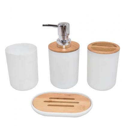 4-piece Gray Bathroom Accessory Set With Bamboo..