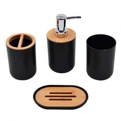 4-piece Gray Bathroom Accessory Set With Bamboo..