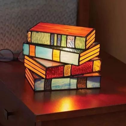 Handcrafted Stained Glass Stack Of Books Table..