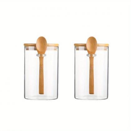 Glass Storage Jars With Bamboo Lids And Spoons Set