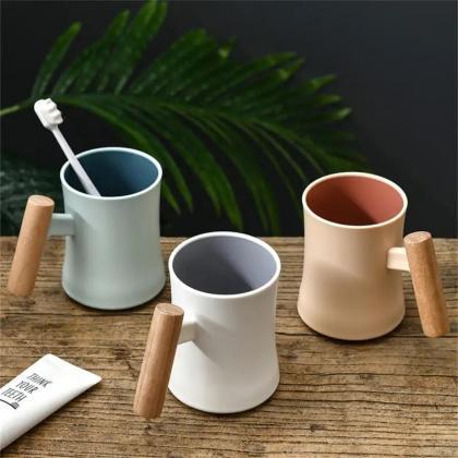 Minimalist Ceramic Mugs With Wooden Handle, Three..