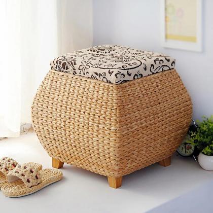 Handwoven Rattan Ottoman With Cushioned