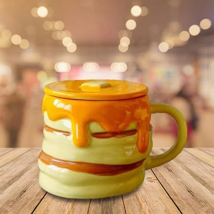 Novelty Ceramic Pancake Stack Mug With Lid
