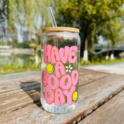 Have A Good Day Smiley Glass Jar With Straw