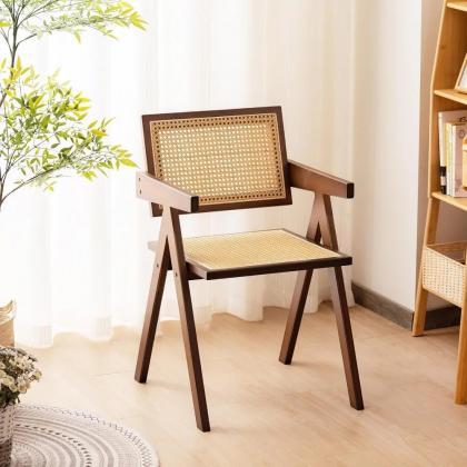 Mid-century Modern Wooden Chair With Rattan..