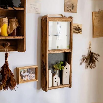Rustic Wooden Wall Mounted Mirror With Shelf