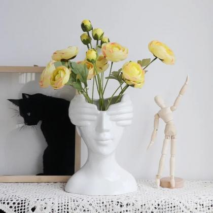 Abstract Face Ceramic Vase With Artificial Yellow..