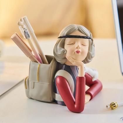 Creative Girl Figurine Desk Organizer Pen Holder