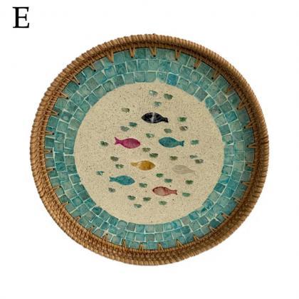 Handcrafted Mosaic Serving Tray With Rattan Edge