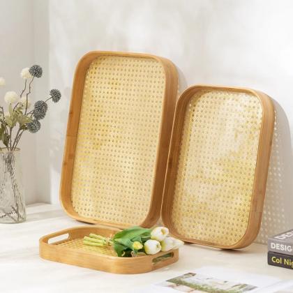 Bamboo Serving Tray And Rattan Decorative Frame..