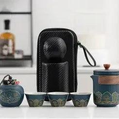 Traditional Blue Ceramic Tea Set With Bamboo..