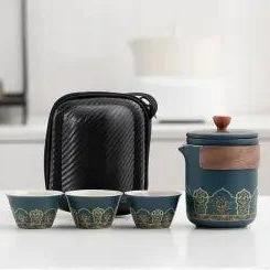 Traditional Blue Ceramic Tea Set With Bamboo..