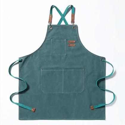 Durable Canvas Work Apron With Pockets And Leather..