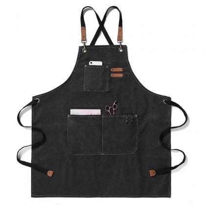Durable Canvas Work Apron With Pockets And Leather..