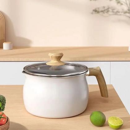 Modern Enamel Saucepan With Wooden Handle And Lid