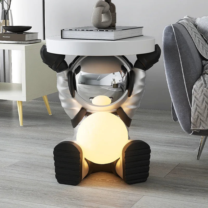 Modern Astronaut Figurine Side Table With Built-in Lamp