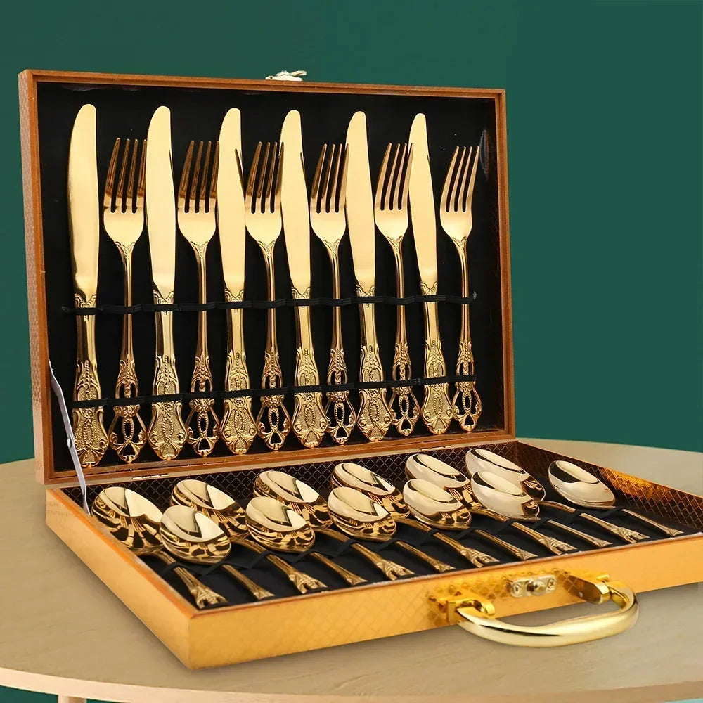 24-piece Elegant Gold-plated Flatware Set With Case
