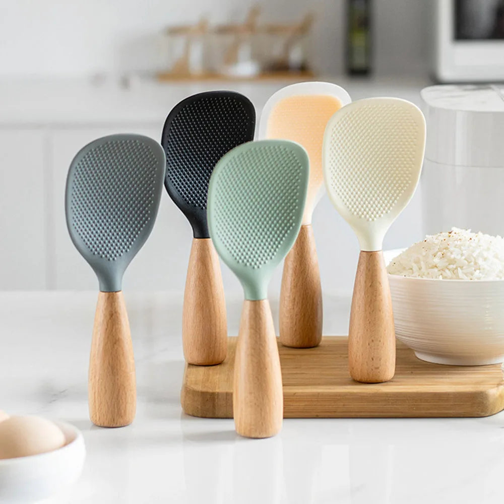 Premium Silicone Nonstick Rice Paddle Set With Wood Handles