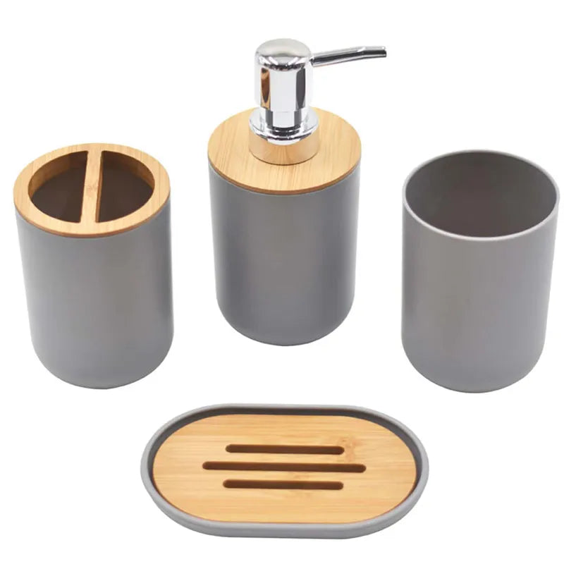 4-piece Gray Bathroom Accessory Set With Bamboo Accents
