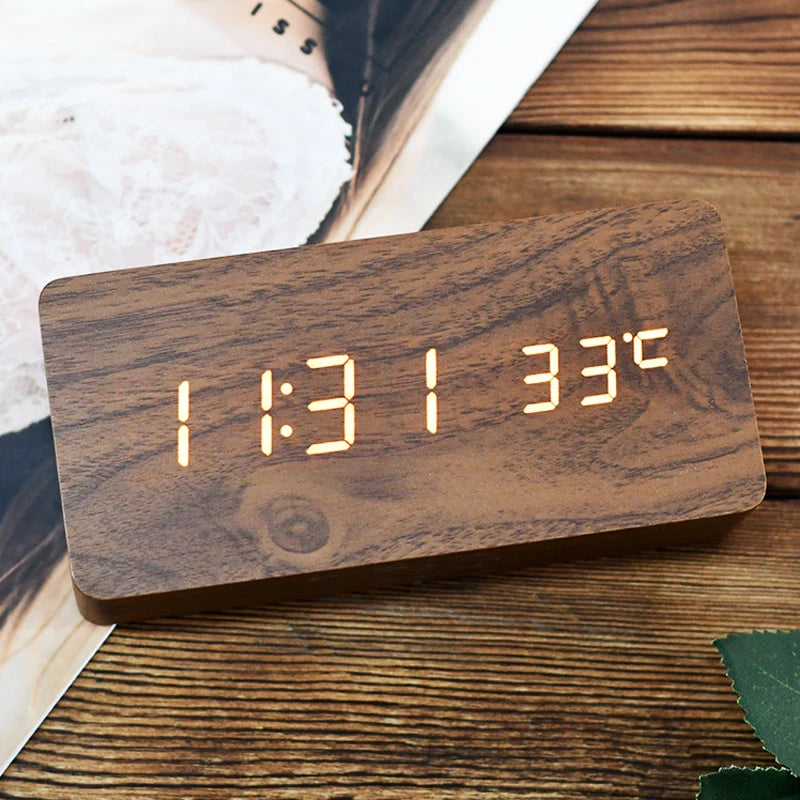 Modern Wooden Led Digital Alarm Clock With Temperature Display