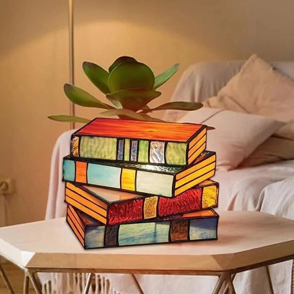 Handcrafted Stained Glass Stack Of Books Table Lamp