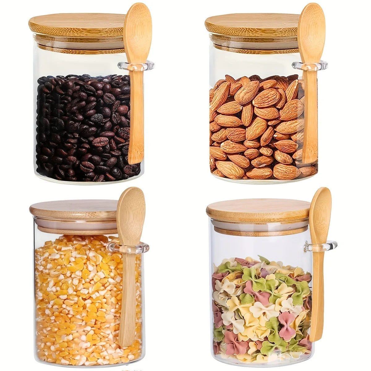 Glass Storage Jars With Bamboo Lids And Spoons Set