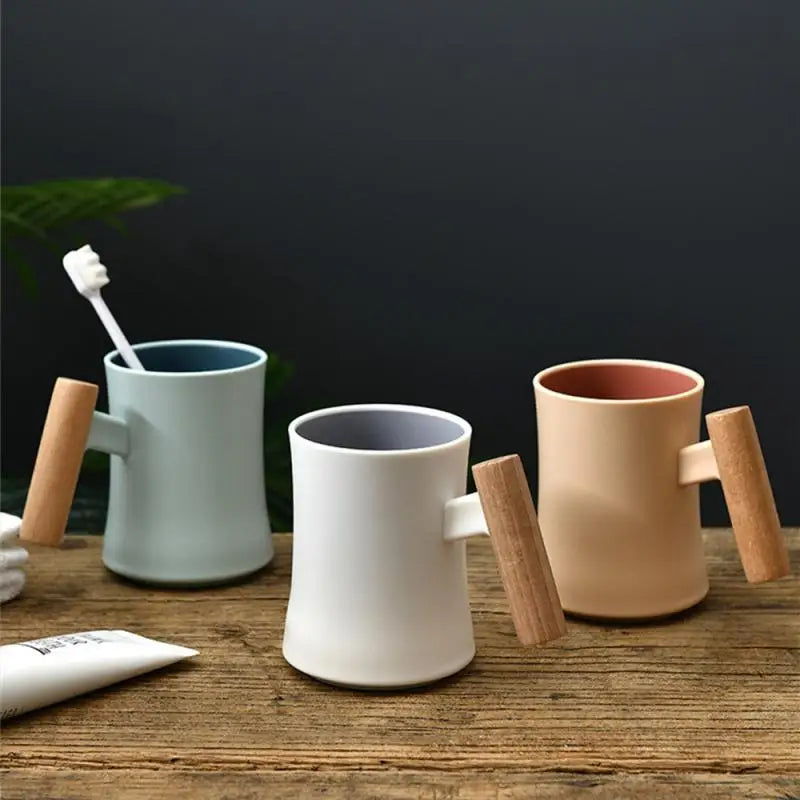 Minimalist Ceramic Mugs With Wooden Handle, Three Colors