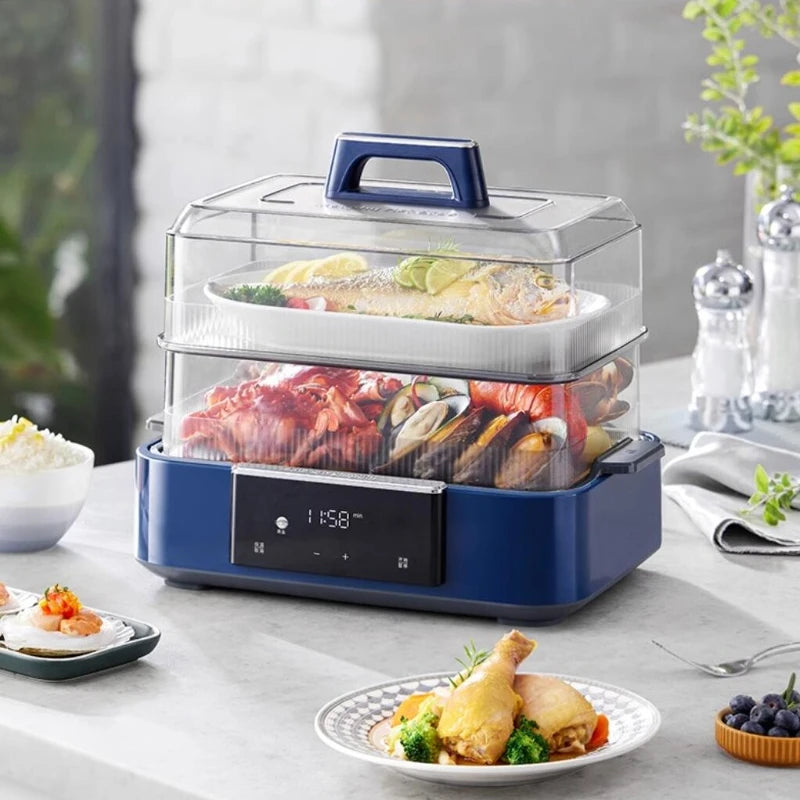 3-tier Electric Food Steamer With Digital Timer, Blue