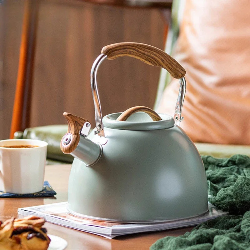 Vintage Style Stovetop Whistling Tea Kettle With Wood Handle