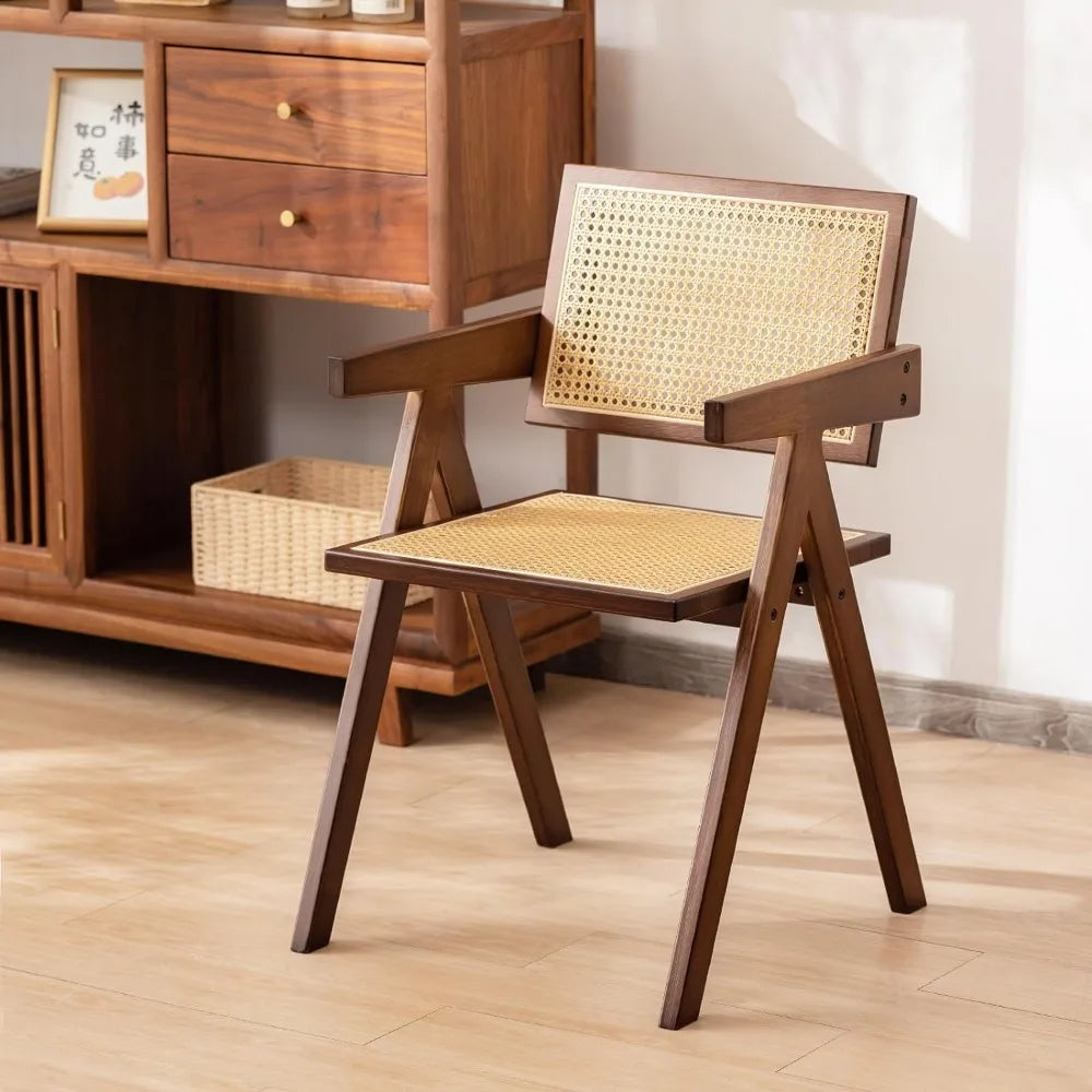 Mid-century Modern Wooden Chair With Rattan Backrest