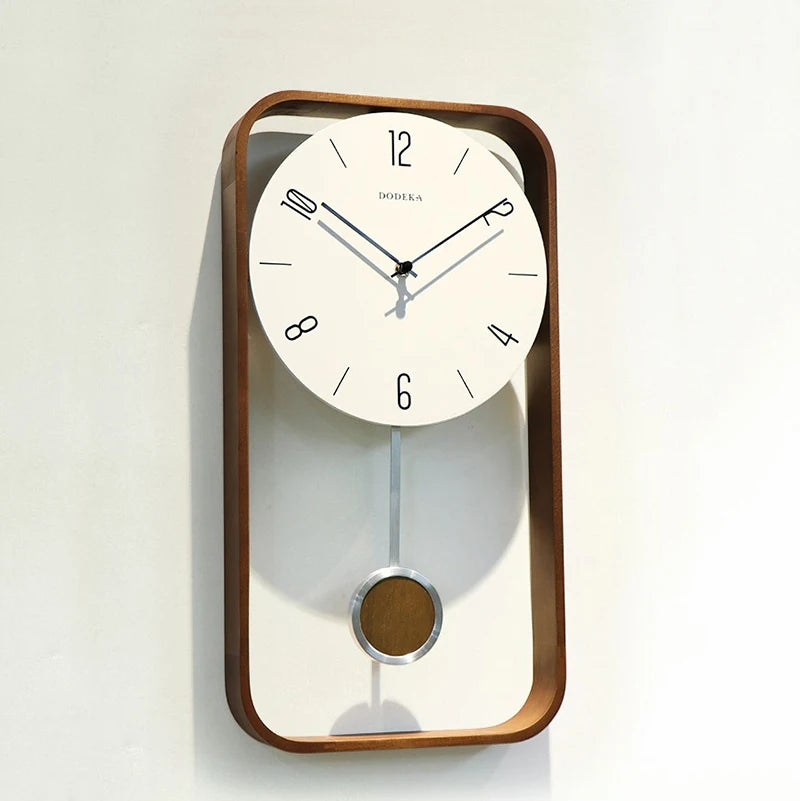 Modern Wall Clock With Pendulum, Wooden Frame Design