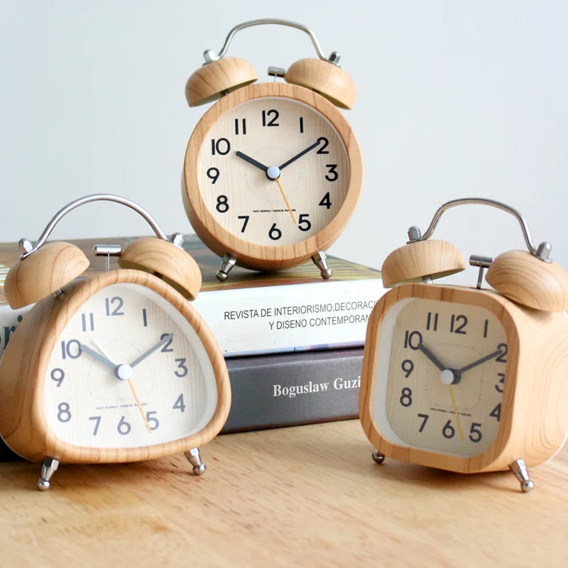 Vintage Wooden Twin Bell Alarm Clocks, Set Of 3