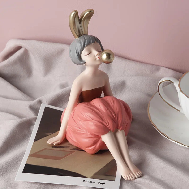 Chic Rabbit Figurine With Golden Bubble Decorative Statuette