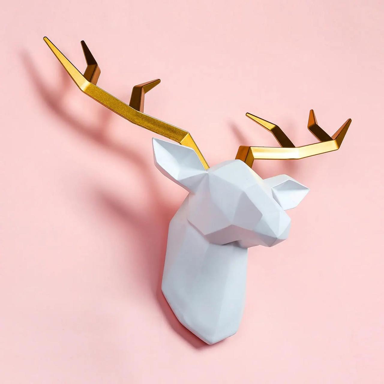 Geometric Deer Head Wall Sculpture With Golden Antlers