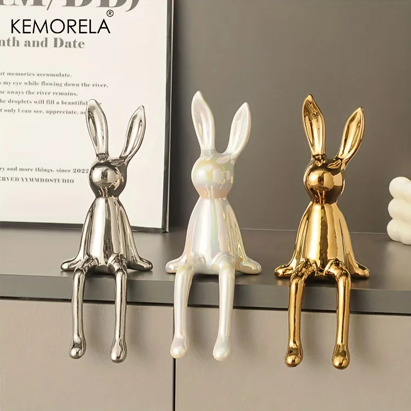 Modern Metallic Sitting Bunny Figurines Decorative Set