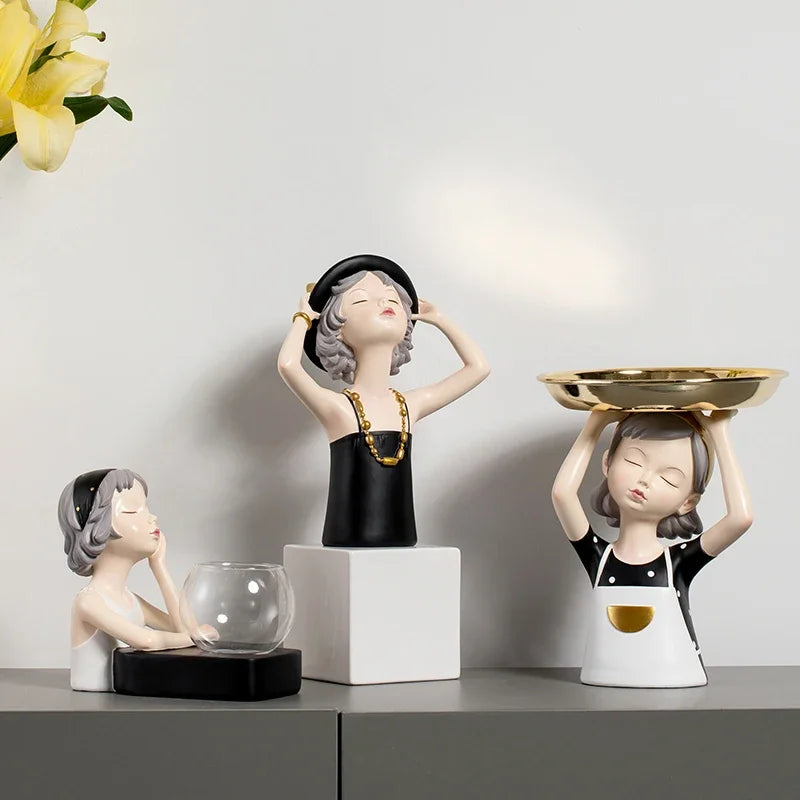 Elegant Ceramic Lady Figurines Decorative Art Statues Set