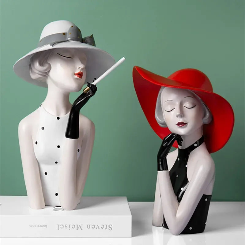 Elegant Lady Figurines With Hats Artistic Home Decor