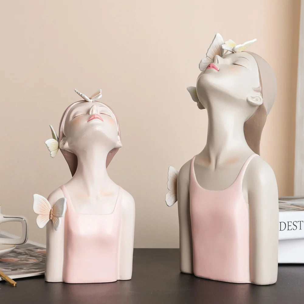 Elegant Ceramic Lady Figurines With Butterfly Accents