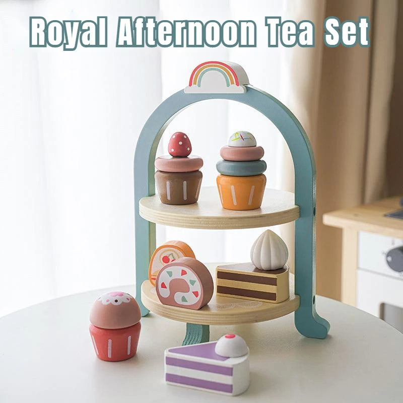 Wooden Pretend Play Toy Set of Royal Afternoon Tea Desserts for Girls Birthday Gift and Social Development one size