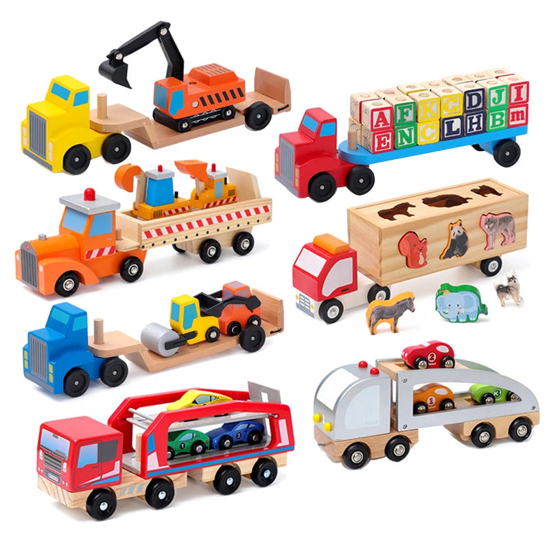 Colorful Wooden Toy Trucks With Various Educational Playsets