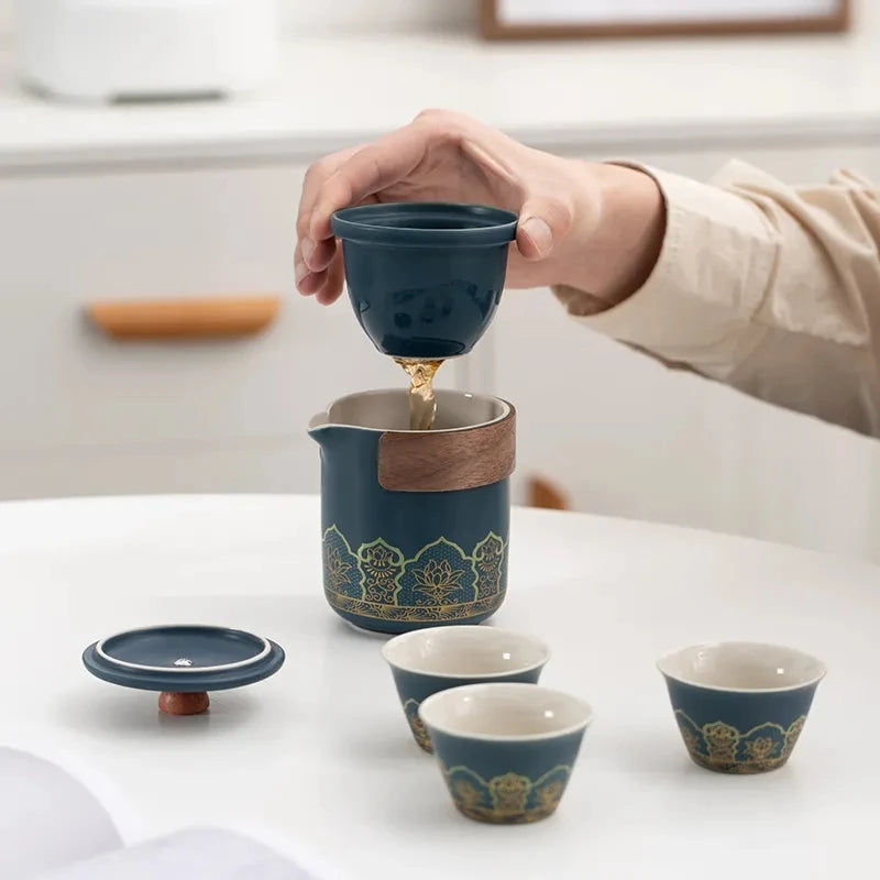 Traditional Blue Ceramic Tea Set With Bamboo Handle