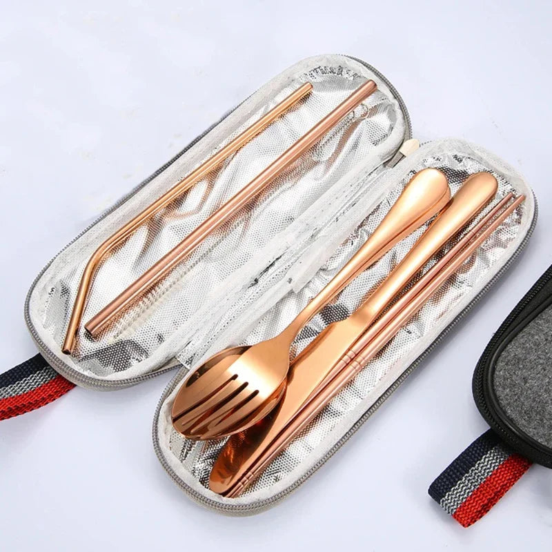 Portable Rose Gold Cutlery Set With Travel Case
