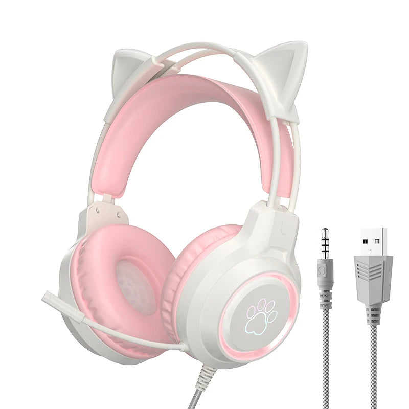 Cute Cat Ear Wired Gaming Headset With Microphone Pink