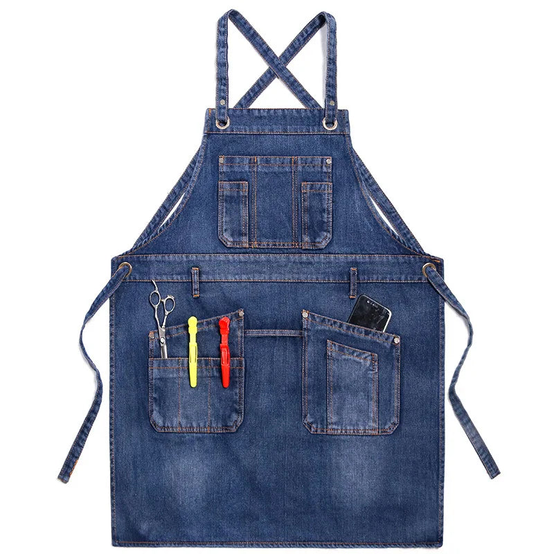 Durable Denim Apron With Pockets For Tools And Phone