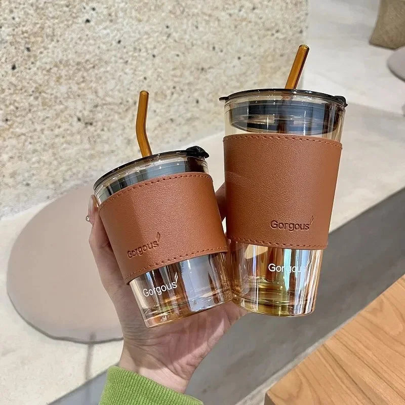 350ml 450ml Creative Glass Coffee Straw Cup With Lid Heat-resistant Water Bottle Beer Tea Drinkware Couple Coffee Mug With Straw