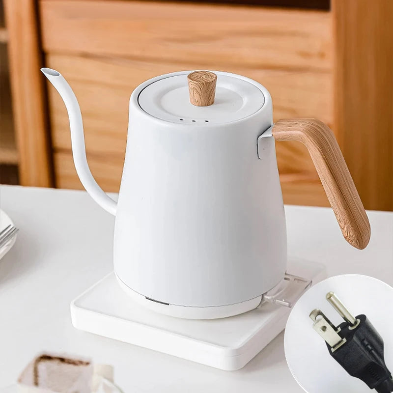 Modern White Electric Gooseneck Kettle With Wood Accents