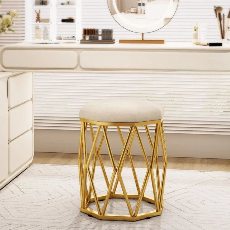 white and gold dressing table stool White & Gold Vanity Set with Mirror and Stool, Makeup Table with Drawers and Organizer, Compact Space-Saving Design