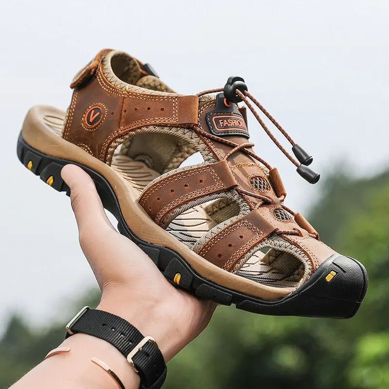 Mens Outdoor Leather Hiking Sandals Adjustable on Luulla